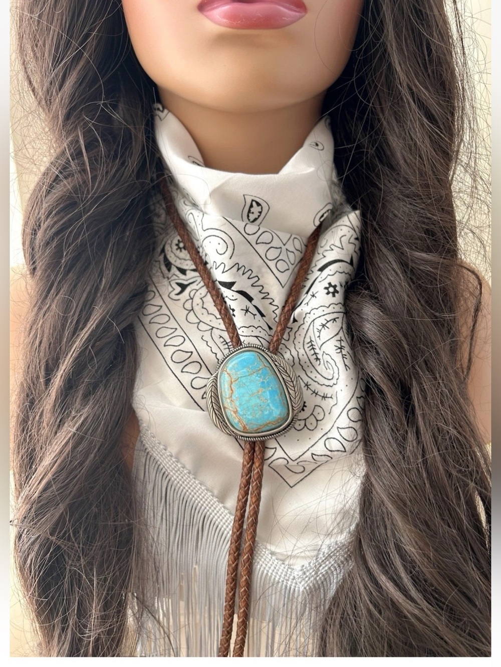 Cody James Western Silver Turquoise Brown Leather Conway Bolo Tie NWT